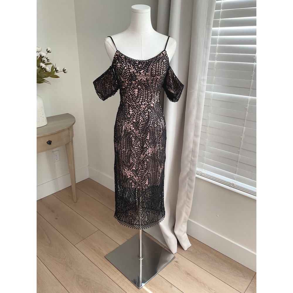 Dress The Population Sacha Black Nude Lace Cold Shoulder Midi Dress XS NEW